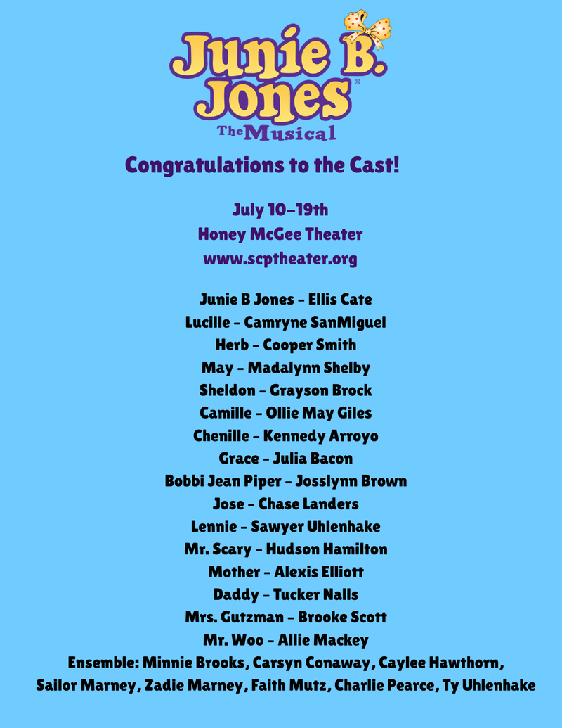 Copy of Junie B Jones – Ellis Cate Lucille – Camryne SanMiguel Herb – Cooper Smith May – Madalynn Shelby Sheldon – Grayson Brock Camille – Ollie May Giles Chenille – Kennedy Arroyo Grace – Julia B